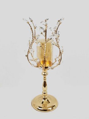 Picture of CH5438 Gold - Candle Holder With Flower Crystal Design and Hurricane Glass Tube