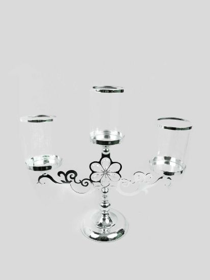 Picture of CH5441 Silver - Trio Hurricane Glass Candle Holder  With Flower Crystal Design