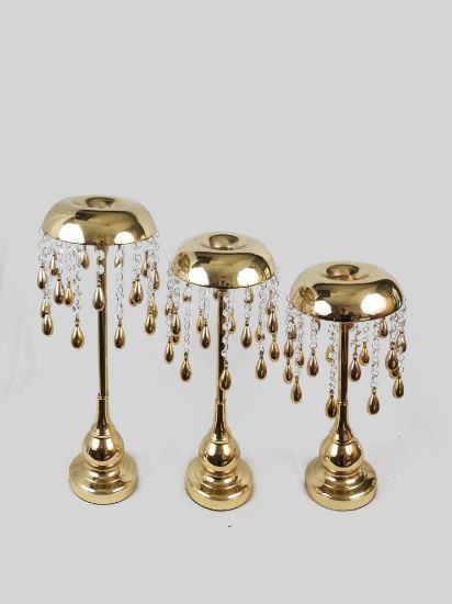 Picture of CH3215-7 Gold - Set of 3 Metal Candle Holder with hanging Crystal and Tear Drop Pendant