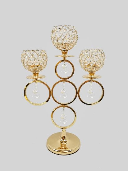 Picture of CCH0385 Gold - Gold 3 Arm Candle Holder with Crystal and Hoops Design 29"