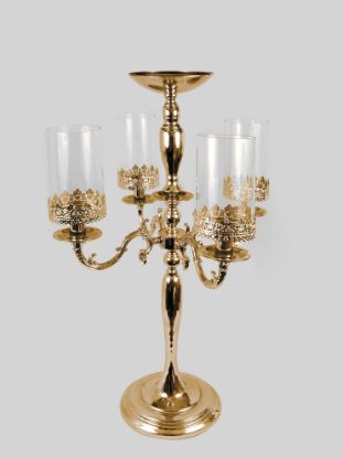 Picture of HD501-F01 - Gold Metal Candelabra 4 Arms with Hurricane Glass and 1 Flower Riser 30"