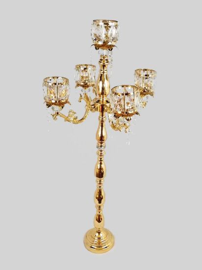 Picture of SH1287150 Gold - Tall Metal Candelabra 4 Crystal Arms and 1 Crystal Flower Riser 40"