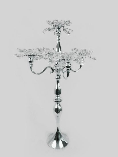 Picture of CH5455 Silver - Tall 5 Arm Gold Crystal Flower Head Metal Candelabra Candle Holder