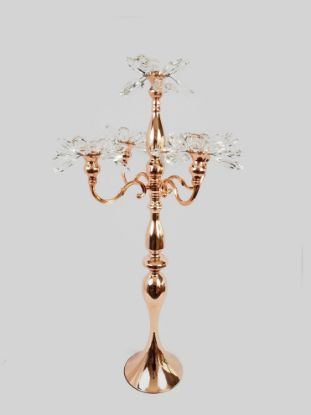 Picture of CH5456 Rose Gold -  Tall 5 Arm Gold Crystal Flower Head Metal Candelabra Candle Holder