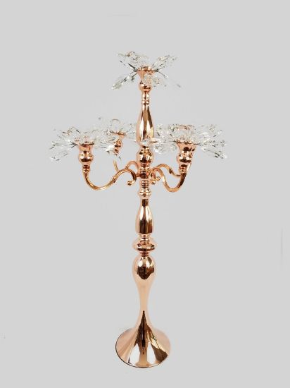 Picture of CH5456 Rose Gold -  Tall 5 Arm Gold Crystal Flower Head Metal Candelabra Candle Holder