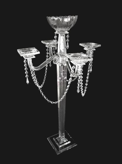 Picture of CHHY66-5 - Tall 4 Arm Premium Gem Cut Crystal Glass Candle Holder with Flower Holder