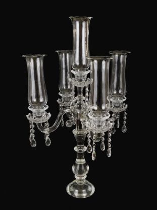 Picture of CCH1056 - Tall 5 Arm Premium Gem Cut with Hurricane Taper Crystal Glass Candle Holder 26"