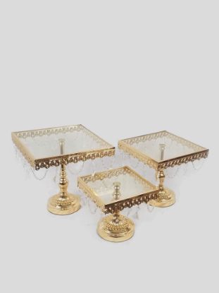 Picture of KK8 GD - Gold Set of 3 Square Metal Cake Stand With Glass Top
