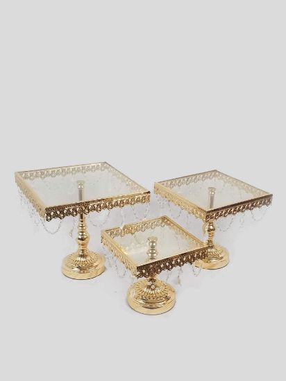 Picture of KK8 GD - Gold Set of 3 Square Metal Cake Stand With Glass Top