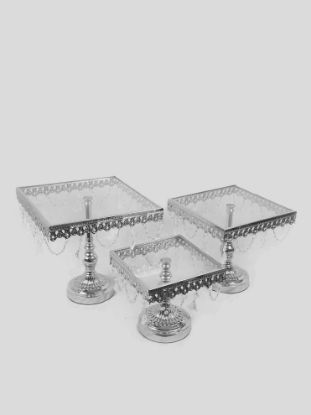 Picture of KK8 SL - Silver Set of 3 Square Metal Cake Stand With Glass Top