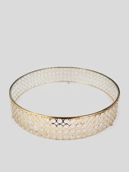 Picture of 18PF0705 XL - 21.5" Gold Crystal Beaded Metal Riser Cake Stand with Clear Glass Top