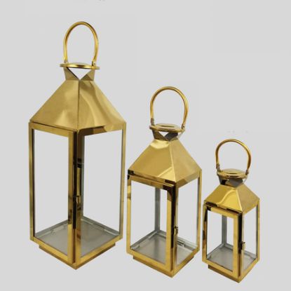 Picture of L423 Gold - Set of 3 Crown Top Stainless Steel Metal Lantern Centerpieces, Outdoor Candle Lanterns