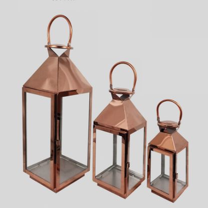 Picture of L423 Rose Gold - Set of 3 Crown Top Stainless Steel Metal Lantern Centerpieces, Outdoor Candle Lanterns
