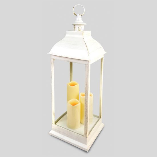Picture of 2628 - 28" Tall White  Plastic Lantern with 3 LED Candle